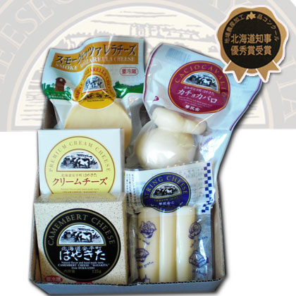 夢民舎のチーズセット：カマンベールはやきた、クリームチーズ、スモークモッツァレラ、カチョカバロ、夢民舎のさけるチーズ　